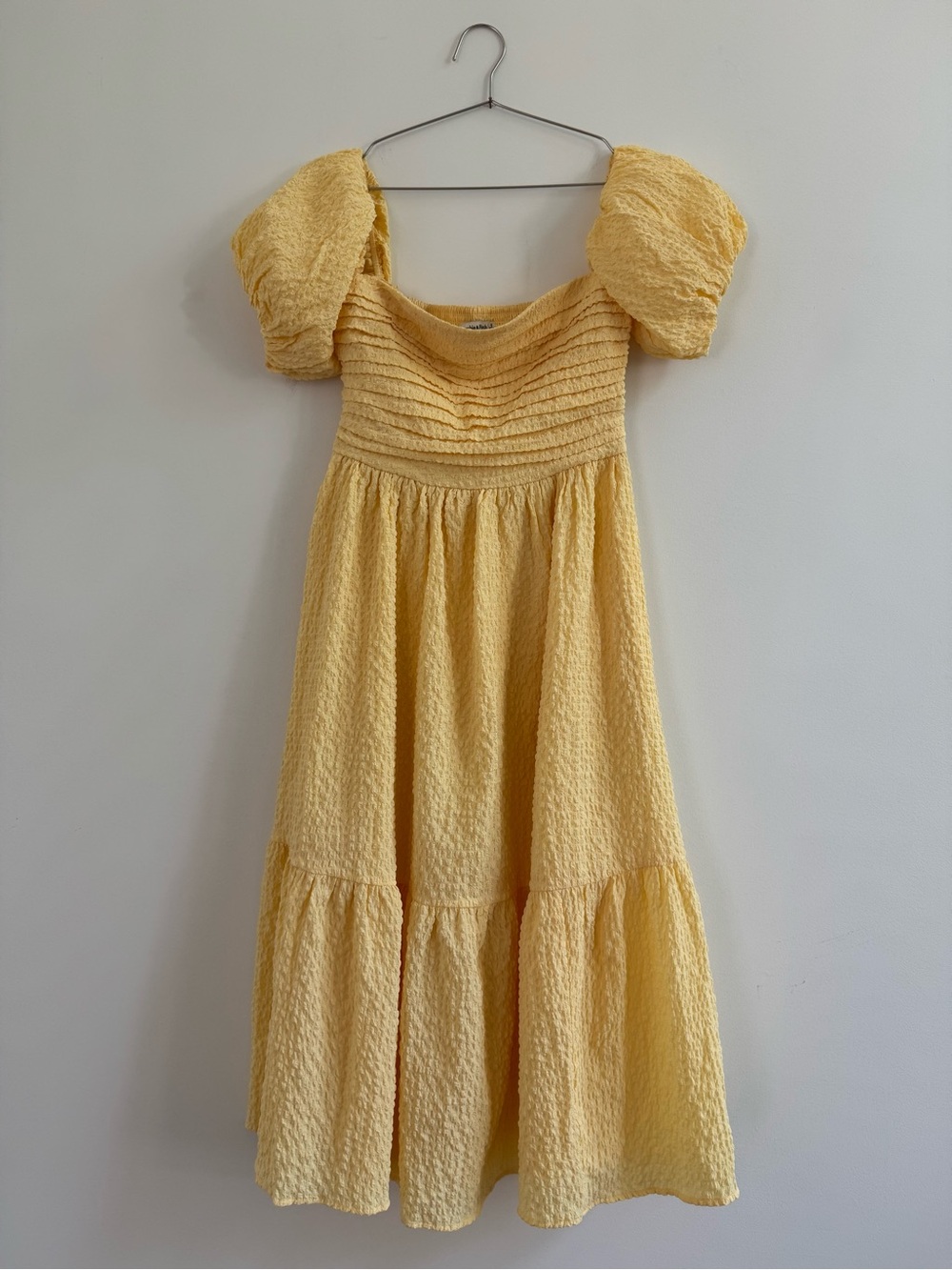Abercrombie & Fitch Yellow Textured Puff-Sleeve Midi Dress